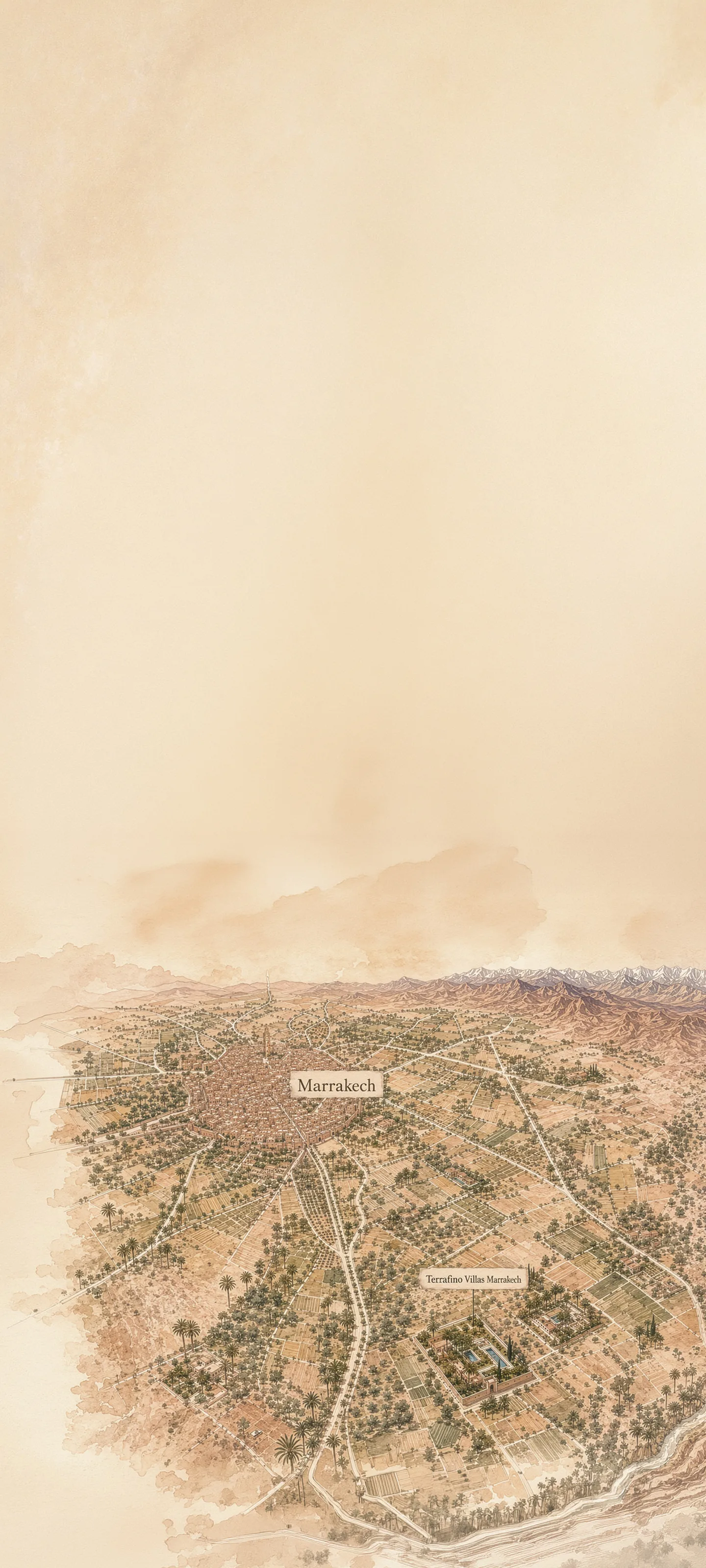 Carte illustrée de Marrakech et de la Route de l'Ourika, avec la localisation de Terrafino Villas Marrakech
